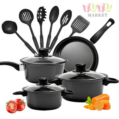 Juego De Ollas De 13 Piezas, 13 Piezas De Hierro Fundido Utensilios De Cocina, 13 Piezas De InduccióN Utensilios De Cocina Y SartéN Antiadherente, Olla MultifuncióN, Olla Antiadherente, Juego De Ollas Antiadherentes MultifuncióN De Gran Capacidad, SartéN Al Aire Libre Olla Stock Utensilios De Cocina, Juego De Cocina Antiadherente Para Estufa EléCtrica DoméStica, Juego De Utensilios De Cocina, Suministros De Cocina, Herramientas De Cocina, Apariencia Exquisita, OperacióN Simple, Superficie De CoccióN Antiadherente Resistente A Los ArañAzos, Adecuada Para Todo Tipo De Estufas, Adecuada Para El Hogar, La Escuela, Los Viajes, La Tienda (Morado, Negro)