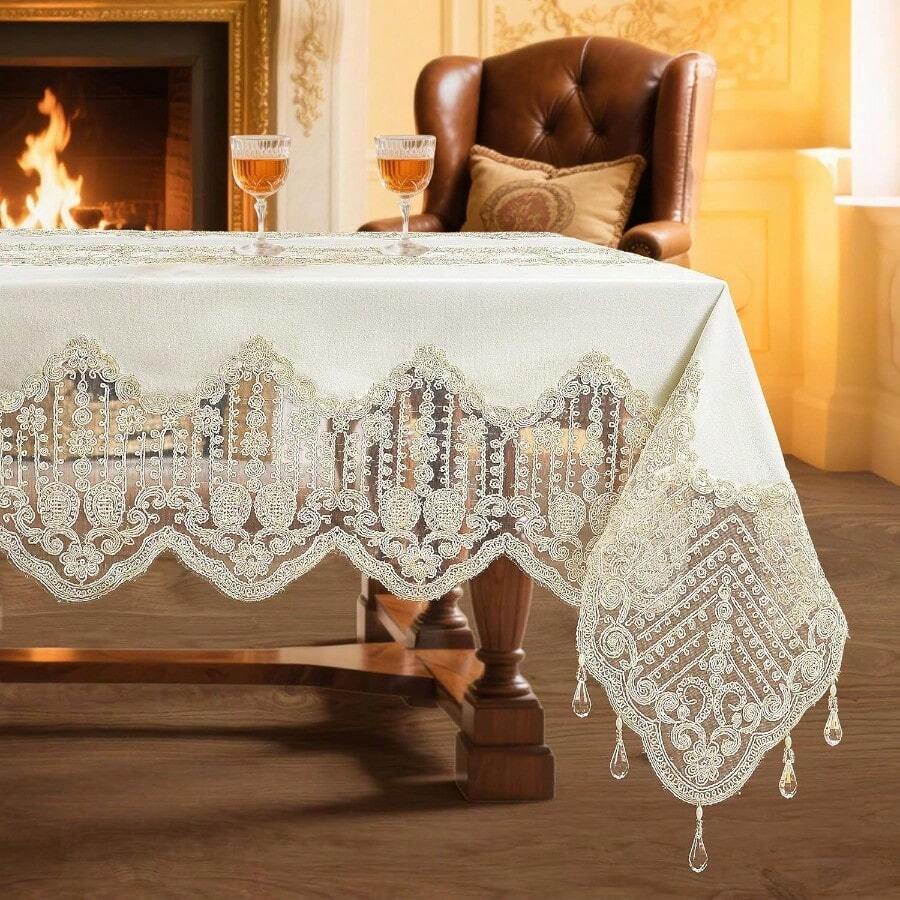 Premium Embroidery Tablecloth In White Lace And Satin Blend With Floral Boho Design Vintage Italian Style Featuring Sunflower And Butterfly Patterns Ideal For Farmhouse Spring Decor Perfect For Dining Tables Living Rooms And Special Occasions Beige FC118 72in X 144in - Beigefc118 - 查看 1