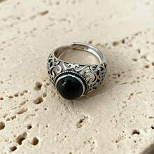 1pc Vintage 925 Sterling Silver Faux Black Agate Textured Ring, Suitable For Vacation, Daily Wear, Party, Wedding - Silver - View 4