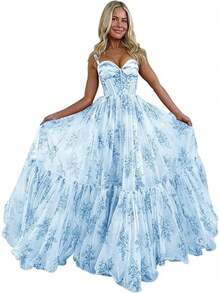 Pink Strap Elegant Gown Long Dress For Coming-Of-Age Ceremony Graduation Sweet Printed Evening Dress - Light Blue - View 6