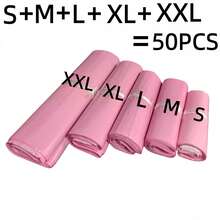50个粉色混色邮寄袋、快递袋、加厚塑料包装袋、自封袋，5种尺寸（每种10个），聚酯纤维材质