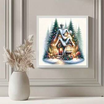 新品上市！1件装彩色卡通圣诞小屋图案钻石画套装，DIY 5D圆形水晶钻石马赛克工艺品，适合家居墙面装饰艺术，手工制作万圣节圣诞节礼物，无框