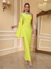 Love Aing New Arrival Women's Formal Dress, Rhinestone Embellished Turtleneck Bodycon Dress, Elegant Mesh Splice Evening Gown For Wedding, Party, Banquet