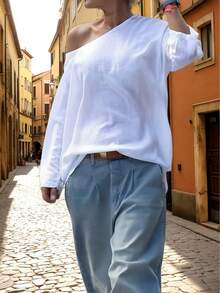 Christmas Minimalist White Cold Shoulder Loose Fit Long Sleeve Solid Color Casual T-Shirt Top, Essential Autumn/Winter Piece - White - View 4