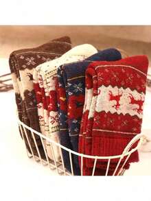 5 Paar bequeme Rentier-Muster Mittellange Socken, Damen Socken - Dicke Weihnachtssocken für Damen, entworfen mit Feiertags-Tiermotiven in Rot, Beige, Braun und Dunkelblau, perfekt für Weihnachtsfeierlichkeiten, die erste Wahl für Weihnachtssocken