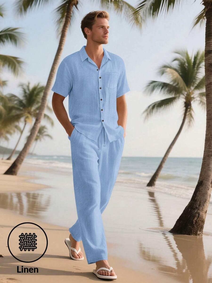 Bộ đồ vải lanh 2 món cho nam, áo sơ mi tay ngắn cài khuy đơn màu trơn và quần âu, trang phục vải lanh nhẹ nhàng, thoải mái cho mùa hè dành cho nam, trang phục ấm áp - Màu xanh lam - Xem 1