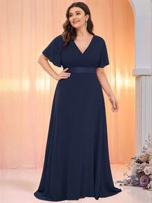 Plus Size Elegant V-Neck Ruched Bust Navy Blue Bridesmaid Dress, Wedding Guest Formal Dress - Navy Blue - View 8