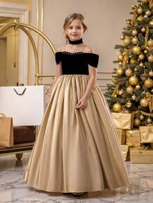 Abito elegante da ragazza pre-adolescente con patchwork dorato, spalle scoperte, fatto a mano con perline, adatto per feste di compleanno, balli, lauree, damigella d'onore, matrimoni - Nero e oro - Visualizzare 5