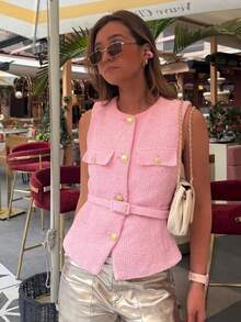 Women's New Elegant And Fashionable Solid Color Waistcoat With Sequin Wool Pockets For Graduation Season , Featuring A Front Opening - Pink - View 1