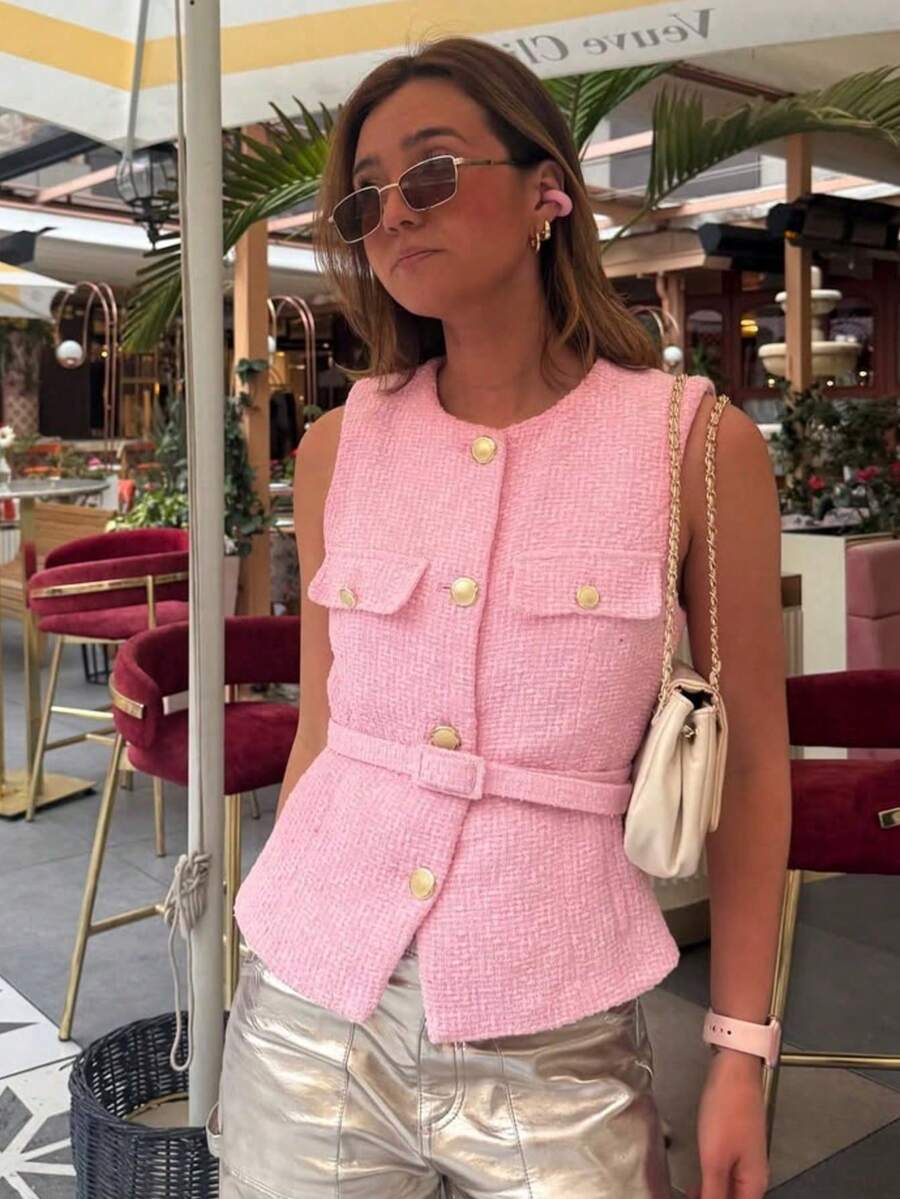 Women's New Elegant And Fashionable Solid Color Waistcoat With Sequin Wool Pockets For Graduation Season , Featuring A Front Opening - Pink - View 1