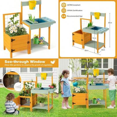 Outdoor Potting Bench W SeeThrough Window Planter Box And Garden Trellis Mud Outdoor Gardening Center Playset W Real Faucet Water Can Builtin Sink Rake And 2 Trowels