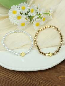 2pcs/Set Black Agate Cross & CCB Bracelet, Gift For Couple Valentines - Multicolor - View 4