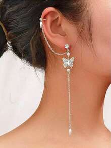 1pair High-End Luxury Bowknot & Rhinestone & Tassel Non Pierced Clip On Earrings For Women - Silver - View 9