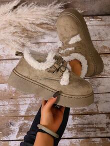 Women's Brown Plush Thick 2025 New Winter Flat Warm Net Celebrity Northeast Winter Shoes Cute Fur Ball Home Snow Boots - Khaki - View 7