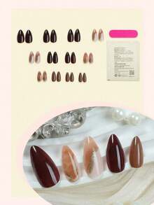 24pcs Medium Almond Shaped 3D Golden Line Art Nail Stickers, Nude Color Decor, Line Art Design, Elegant Style, Smooth Surface, Full Coverage Fake Nails, Suitable For Women & Girls Daily Wear, Fit For Autumn/Winter Season - 多色 11 - 查看 4