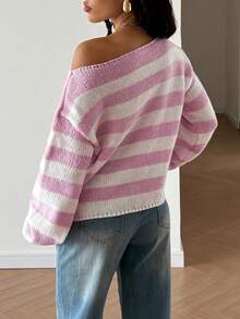 Women's Cute Casual Long Sleeve Off-Shoulder Sweater Striped Pink Knitted Sweater Top Pullover Homecoming Fall Winter Going Out Outfits Clothes Suitable For Daily Wear