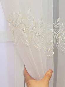 1pc White Luxury Beaded Embroidered Sheer Curtain, Translucent, Suitable For Living Room, Bedroom, Balcony, Office, Home Decor, All Seasons - White - View 3