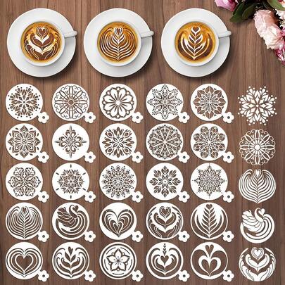 25pcs Coffee Latte Art Stencils, Round Handle Hollow Coffee Stencils, Leaf, Heart, Snowflake, Swan Shaped Reusable Painting Templates For Coffee Making, Beverage Decoration, Baking Decoration