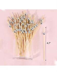 100pcs/10pcs Silver Disposable Bamboo Skewers, Round Bead Design, Suitable For Kitchen, Salad, Wedding, Party