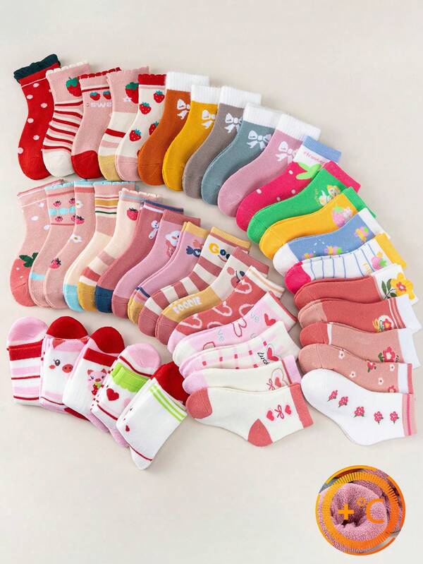 Random 1/5/10pairs Children's Winter Thick Looped Girl Paired With A Cute Little Pig Design With A Love Bow, Warm Floor Socks, Mid Tube Socks