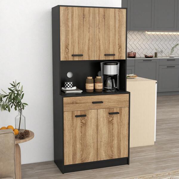 HOMCOM Credenza Cucina, 180 cm Mobile Dispensa con Foro Passacavi e Piano Portamicroonde, Mobile Cucina con Ante Soft Close, Cassetto, Ripiani Regolabili, per Soggiorno, Nero e Color Legno
