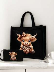 高地牛印花黑色亚麻手提包，可爱蝴蝶结爱心豹纹设计，高地牛图案，大容量化妆包，带提手，圣诞礼物，黑色亚麻零钱包，黑色格子购物袋，化妆包，饰有艺术字母和图案印花，适合女性日常使用，可用作便捷购物袋。教师节感谢礼物，女士大容量亚麻手提包，手提包和化妆包套装 - 彩色 - 查看 7