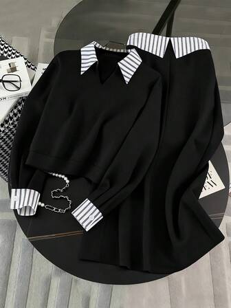 女士新款时尚条纹撞色拼接灰色卫衣通勤套装，二合一上衣和裙子套装