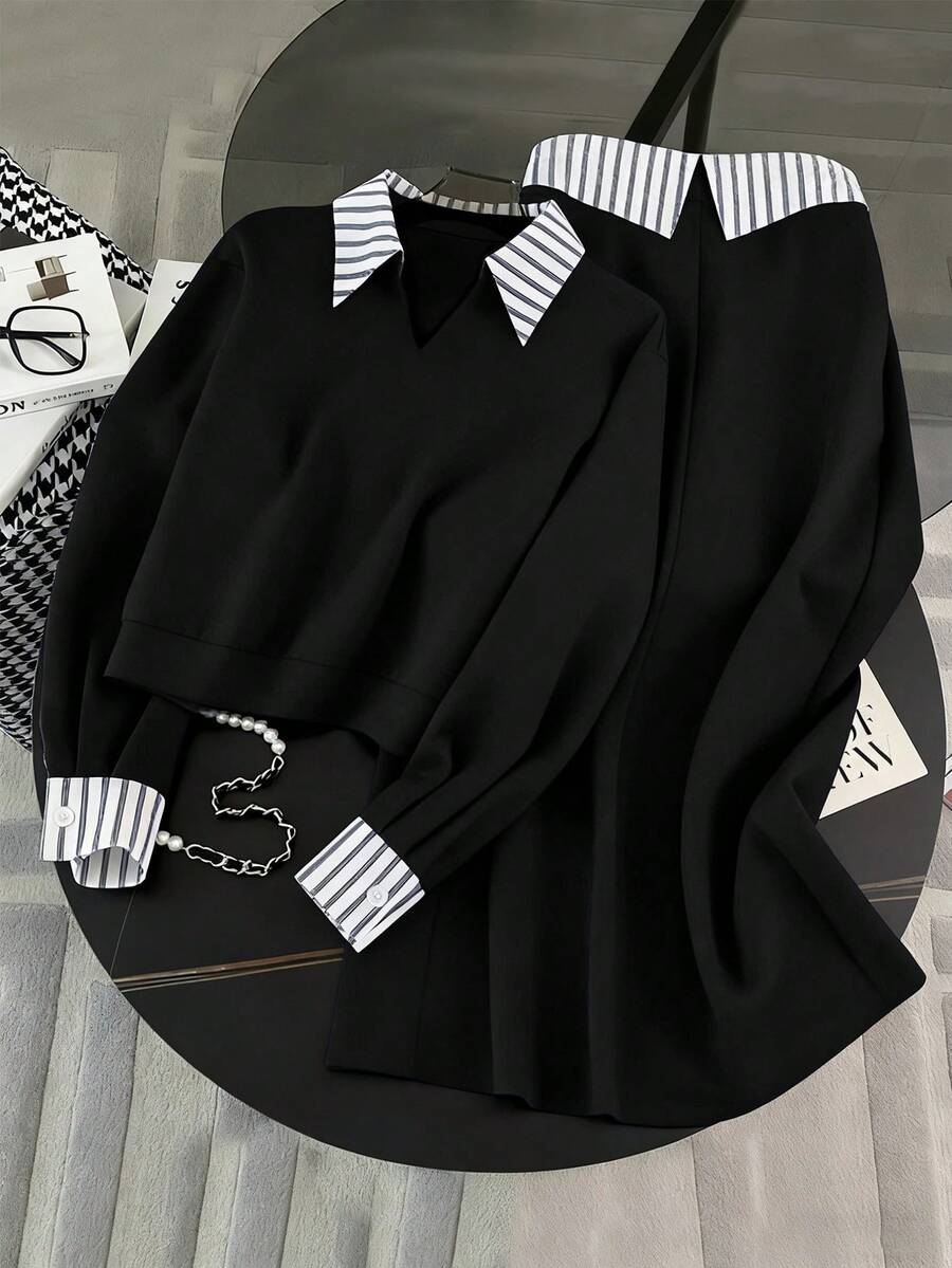 女士新款时尚条纹撞色拼接灰色卫衣通勤套装，两件套上衣和裙子，黑色春季款 - 黑色 - 查看 1