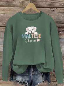 1 Piece Women's Casual Long Sleeve Round Neck Sweatshirt With Maltese Mom Print, Polyester Fabric, Regular Length, Suitable For All Seasons Fashion Top Loose And Comfortable Valentine Sweatshirts - màu đen - Xem 6