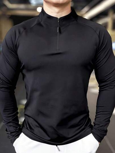 Men's Stand-Up Collar Fitness Top, Half Zipper, Outdoor Cycling Sportswear, Long Sleeves Slim Shaping, Suitable For Husbands And Boyfriends Who Love All Year Round.