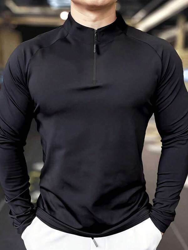 Men's Stand-Up Collar Fitness Top, Half Zipper, Outdoor Cycling Sportswear, Long Sleeves Slim Shaping, Suitable For Husbands And Boyfriends Who Love All Year Round.