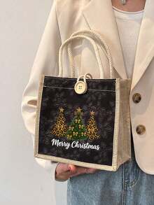 Weihnachts-Muster Leinen Einkaufstasche, wiederverwendbare bedruckte Handtasche für Frauen, Einkaufstasche mit doppelten Griffen, große Kapazität Schultertasche, lässige Einkaufstasche, Weihnachts-Aufbewahrungstasche, geeignet für Pendeln, Schule, Einkaufen, Outdoor-Aktivitäten, tolles Geschenk für Freunde, Freundinnen, Lehrer, perfekt für Urlaub und Feiertage - Verschiedenfarbig - Übersicht 8