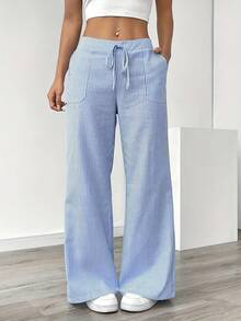 Women's White & Gray Vertical Striped Straight-Leg Pants - Lightweight Polyester Trousers With Drawstring Waist & Side Pockets, All-Season Casual To Dressy Wear, Smooth Texture Long Pants (No Belt) For Office, Semi-Formal & Everyday Outfits Women's Winter Clothing Of Women's Winter Clothing Women's Winter Fashion Women's Winter Promotion Of Women's Winter Clothing - 藍色 - 查看 4