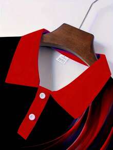 Camisa polo de manga larga con estampado de ondas en contraste rojo y negro, de moda para hombre en otoño. Casual, resort, de negocios, formal, versátil. Gran regalo para novio o esposo