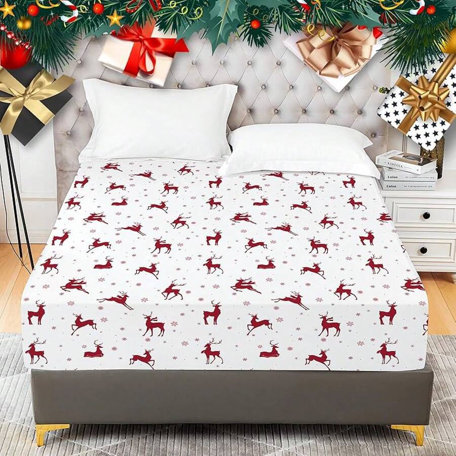 YIYEA Floral Fitted Sheet Only, Premium Double Brushed Microfiber Deep Pocket Fitted Sheet Twin Size, Ultra Soft Fitted Bottom Sheet, Shrinkage, Fade Resistant, Twin - 21# Reindeer - View 1