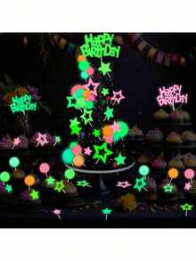 40件发光蛋糕装饰套装，荧光色蛋糕装饰球，彩色星星和生日快乐蛋糕装饰，荧光派对装饰派对用品，适用于生日蛋糕装饰 - 彩色 - 查看 3