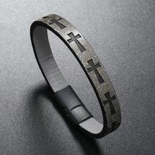 European And American  Alloy Leather Bracelet Men's Printed Cross Bracelet Magnet Buckle Retro Simple Woven Leather Bracelet - 咖啡 - 查看 11