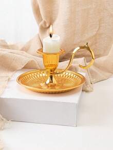 Vintage Neo-Classical Antique Bronze Candlestick | Curved Handle * Radiant Tray Designed To "Catch Wax Drips", Aged Bronze Texture With Patina, Radiant Lines On The Body Like Solidified Sunlight, Elegant Curved Handle - Multicolor - View 10