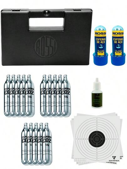 Kit Atirador Maleta de Pistola Revólver Airgun, 15 CO2, 600 Bolinhas Aço 4,5mm Rossi e 100 Alvos