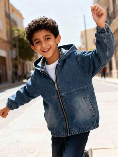 Boys & Teens Casual Outdoor Vintage Denim Hooded Jacket, Autumn/Winter