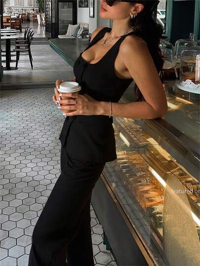 Women's Solid Black Casual Elegant Commuter Double-Breasted Sexy Top And Wide-Leg Suit Pants 2-Piece Set, Suitable For Daily Outings, Commuting, Office, Holidays, Parties Summer