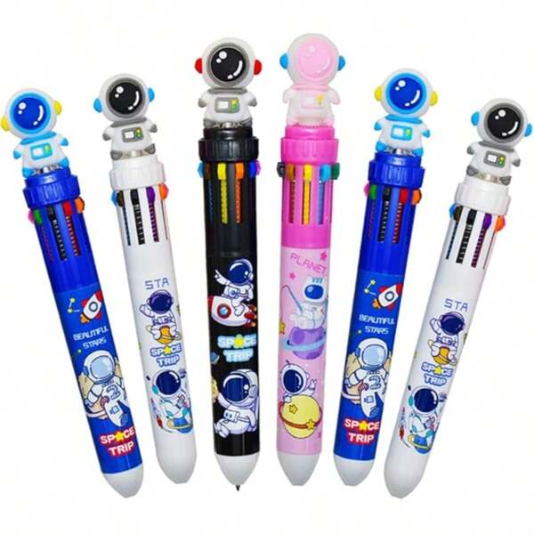 10 in 1 Multifarbiger Weltraum-Kugelschreiber, 10 Farben, ausziehbarer Kugelschreiber mit Cartoon-Raumfahrer, Alien, Rakete, Astronaut, für Schüler, Lehrer, Bürobedarf