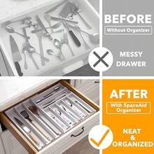 Organizador de cajón de cubiertos de bambú TFKI con etiquetas, organizador expandible de bandejas para utensilios de cocina, organizador de almacenamiento de cubiertos, tenedores y cuchillos, 10 ranuras, color blanco - Blanco - Ver 2