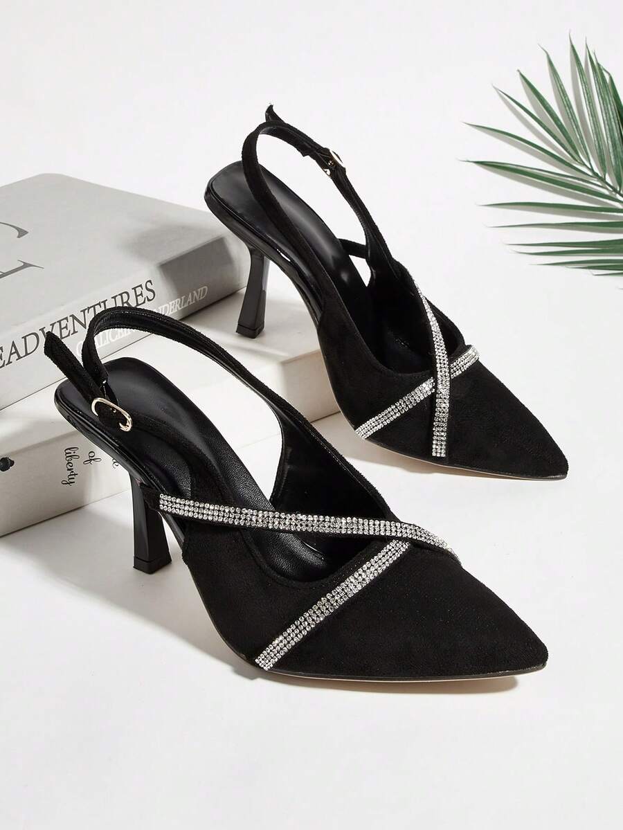 Tacones de aguja con puntera puntiaguda, decorados con strass, de ante sintético negro. Versátiles para uso diario, banquetes y fiestas. Tacones altos. - Negro - Ver 1