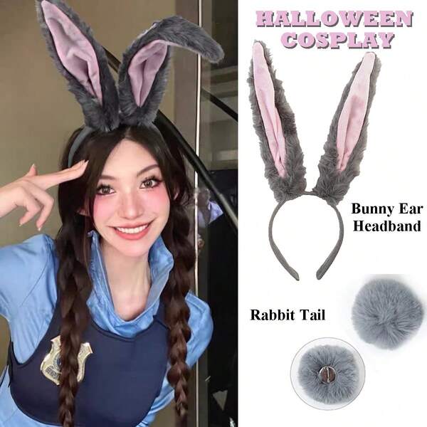 Judy Hopps Costume Ears And Tail Set, Rabbit Officer Cosplay Headband With Tail, Plush Animal Ear Headband For Halloween Party