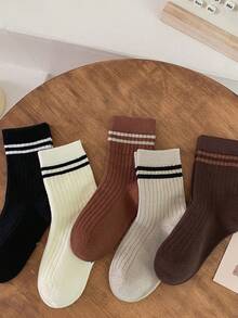 5pairs/pack Kids' Socks, College Style Two-bar Striped Sport Socks, Unisex Baby Socks, White Mid-calf Socks For Students