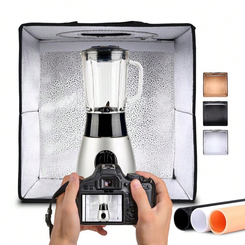 NK Caja de Luz Estudio Fotográfico Plegable (70x70cm) - 160 Leds, 3 temperaturas de Luz, Brillo Ajustable x10, RA90, Productos pequeños Joyas, Asa para Transporte (3 Fondos de Colores) ✅ Entrega 24/72h a España (península) - Negro - Ver 1
