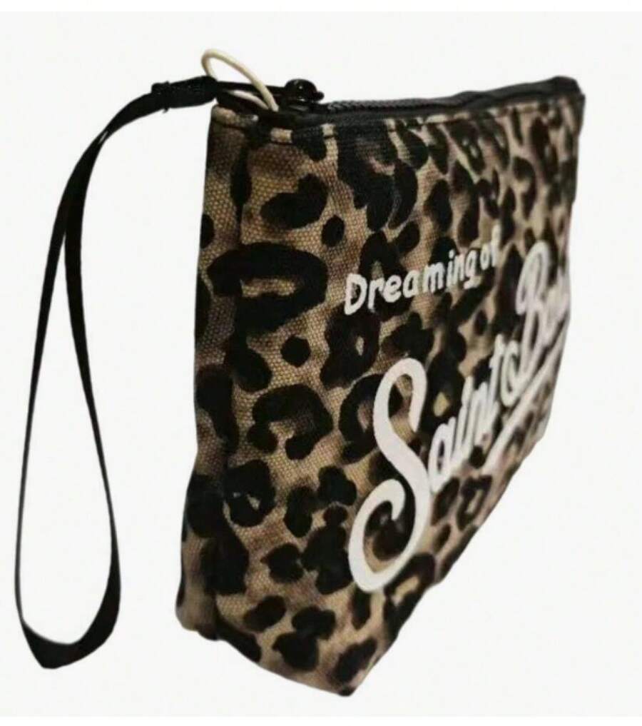 1 Piece Travel Makeup Bag, S-Saint B-Barth Material, Printed Striped Portable Storage Bag, Cosmetic Bag, Handbag, Makeup Bag, Travel Storage Bag, Zipper Organizer Bag, Lightweight Makeup Case, Unisex Travel Gift - 豹紋 - 查看 1