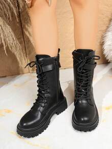 秋冬朋克风系带侧拉链女靴，配皮带扣，百搭踝靴 - 黑色 - 查看 7