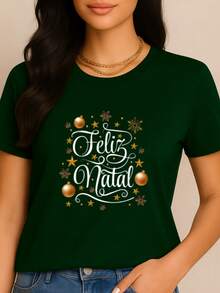 Camiseta Feminina T Shirt  Natal    100%  Algodão    Básica  Feliz Natal - Verde - Visão 1
